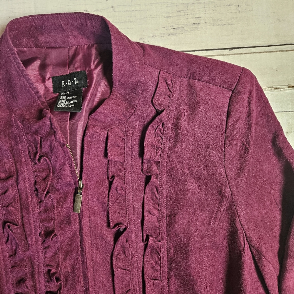 R.Q.T. Women's Purple‎ Faux Suede Full Zip Jacket with Ruffles  Medium